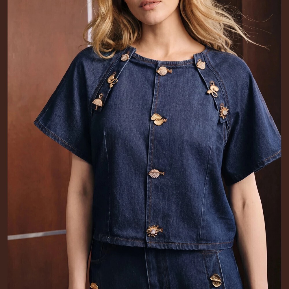 Dark Wash Denim Charm Button Round Neck Cropped Sleeve Tee